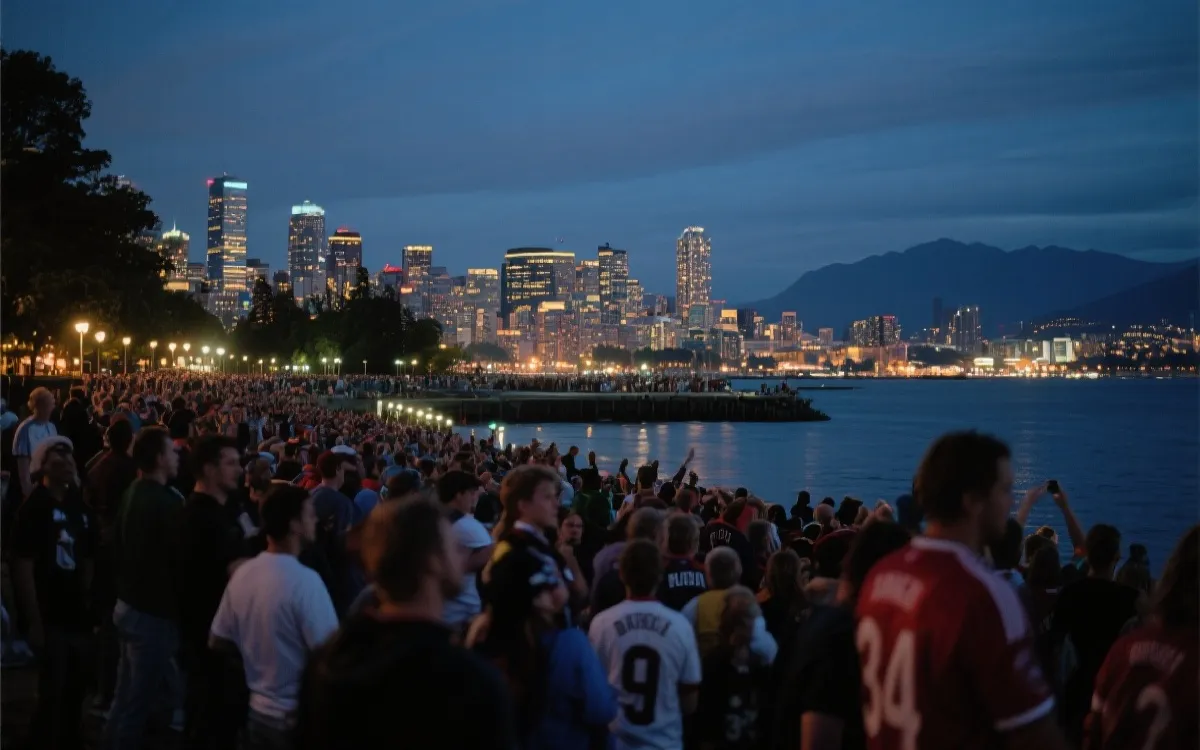温哥华比赛日氛围：海滨城市、球迷步行、傍晚光线